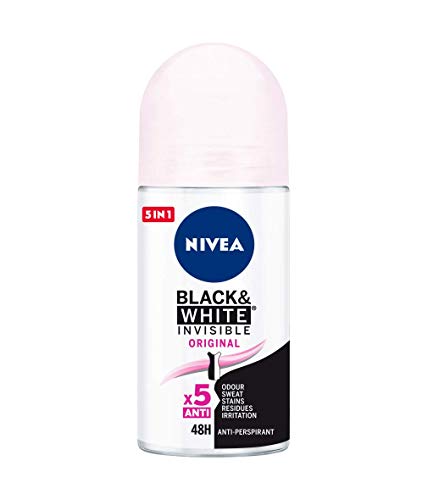 NIVEA Black & White Invisible Original Roll-on en pack de 6 (6 x 50 ml), antitranspirante para una piel suave con fragancia, desodorante roll on para proteger la ropa