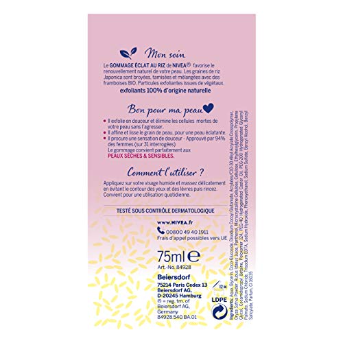Nivea - Exfoliante de arroz brillo (1 x 75 ml), exfoliante de origen natural enriquecido con semillas de arroz japonica y frambuesas orgánicas, cuidado facial exfoliante para pieles secas y sensibles.
