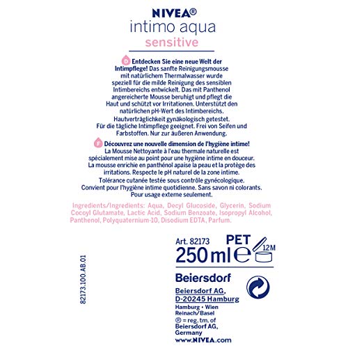 Nivea Intimo Aqua Sensitive - Mousse de limpieza calmante en pack de 3 (3 x 250 ml), loción de lavado para el cuidado íntimo y espuma de limpieza suave con agua termal y pantenol