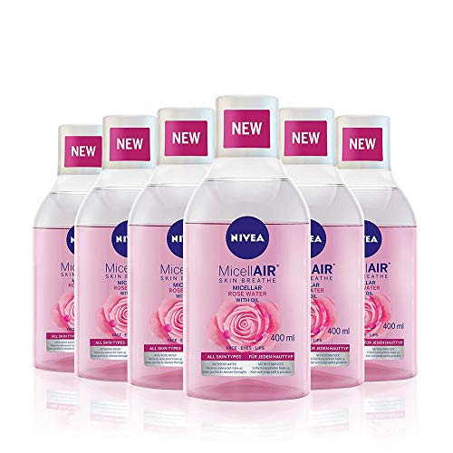 NIVEA MicellAIR Skin Breathe Agua Micelar con Aceite & Agua de Rosas en pack de 6 (6 x 400 ml), agua micelar desmaquillante para una piel suave y libre de residuos