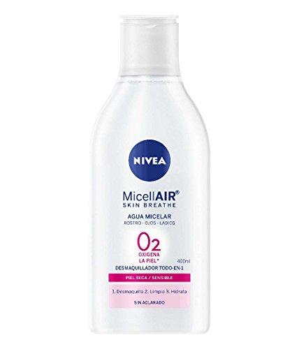 NIVEA MicellAIR Skin Breathe Agua Micelar Piel Seca/Sensible (1 x 400 ml), agua micelar desmaquillante, limpieza facial, desmaquillador de ojos, rostro y labios