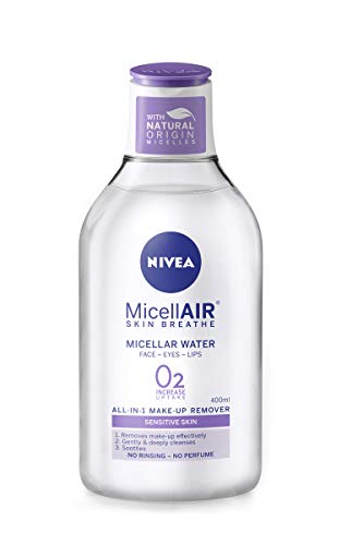 NIVEA Micellair Skin Respirar Agua Micelar (100 ml), Limpiador de maquillaje sensible 3 en 1, agua de limpieza micelar, hidratante suave para mujeres