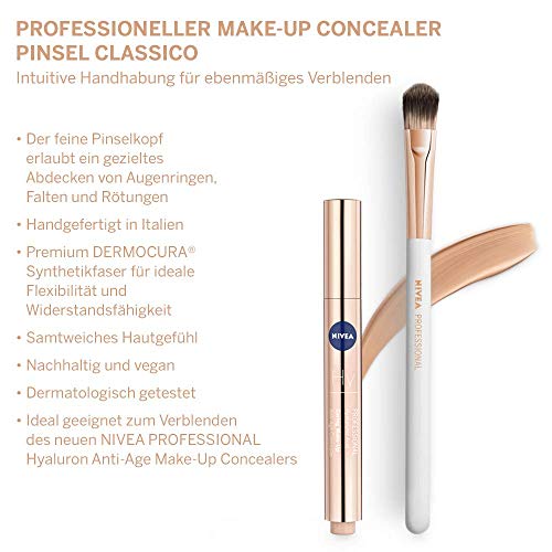 NIVEA PROFESSIONAL Brocha para corrector Classico para cubrir ojeras, arrugas y rojeces, brocha suave fabricada en Italia, brocha de maquillaje corrector con fibras sintéticas veganas DERMODURA
