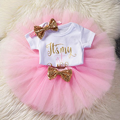 NNJXD Bebé Recién Nacida Es mi Primer CumpleAño 3 Piezas Traje de Romper + Falda + Diadema Talla (1) 1 Año Rosa