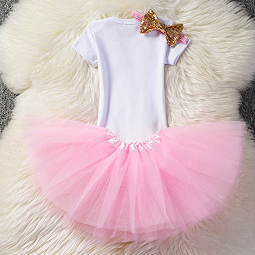 NNJXD Bebé Recién Nacida Es mi Primer CumpleAño 3 Piezas Traje de Romper + Falda + Diadema Talla (1) 1 Año Rosa