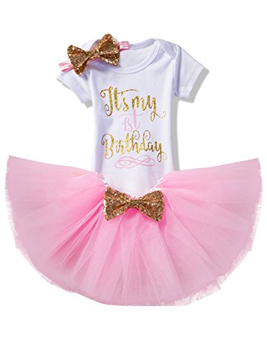 NNJXD Bebé Recién Nacida Es mi Primer CumpleAño 3 Piezas Traje de Romper + Falda + Diadema Talla (1) 1 Año Rosa