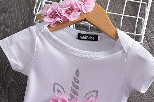 NNJXD Unicornio Arco Iris Tutú Primer Cumpleaños Trajes de 3 Piezas Mameluco + Falda + Diadema 1 Año A-Rosa