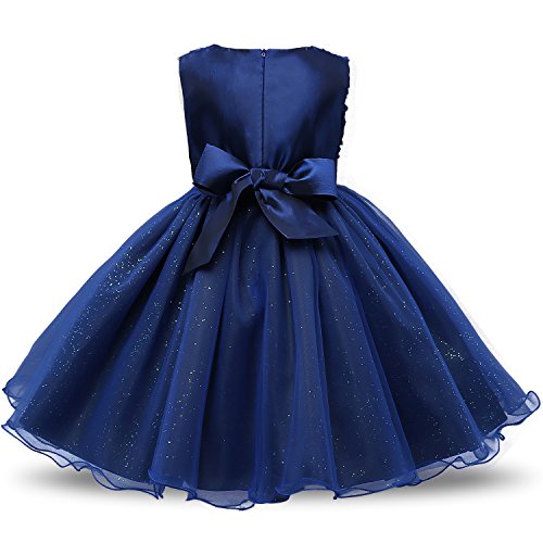 NNJXD Vestido de Fiesta de Princesa con Encaje de Flor de 3D sin Mangas para Niñas Talla(90) 18-24 meses Azul oscuro
