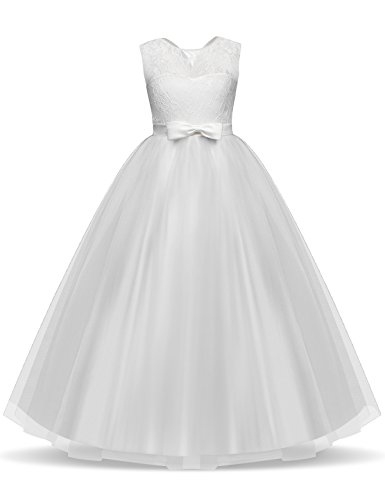 NNJXD Vestido de Fiesta de Tul de Encaje Falda de Princesa para Niñas Talla (170) 12-13 Años Blanco