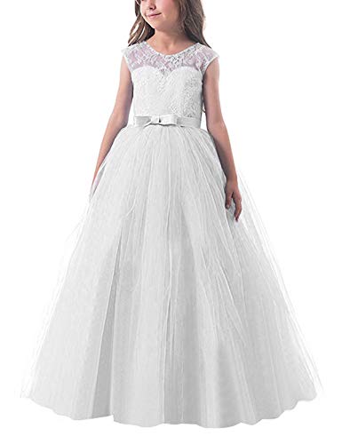 NNJXD Vestido de Fiesta de Tul de Encaje Falda de Princesa para Niñas Talla (170) 12-13 Años Blanco
