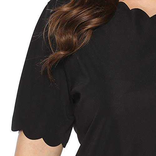 NOBRAND - Camiseta de manga corta para mujer, diseño de borde ondulado, simple y versátil, estilo casual, color liso