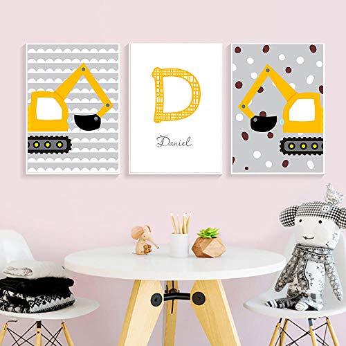 Nombre Personal del niño Cartel Personalizado Impresión de vivero Pinturas de excavadoras de Dibujos Animados Pintura de Lienzo Arte de Pared Imágenes para niños Dormitorio 40x60cmX3 Sin Marco