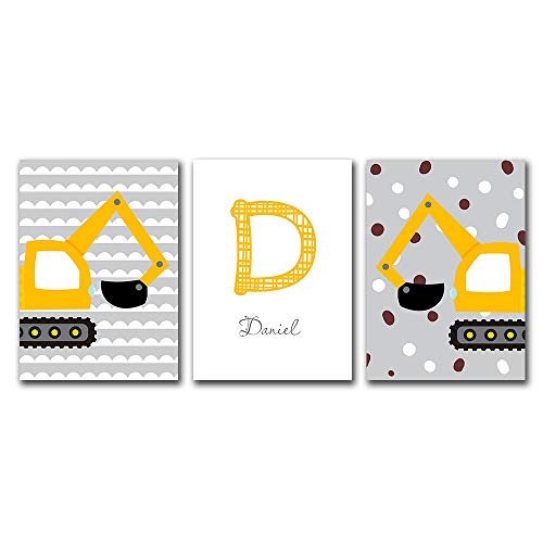 Nombre Personal del niño Cartel Personalizado Impresión de vivero Pinturas de excavadoras de Dibujos Animados Pintura de Lienzo Arte de Pared Imágenes para niños Dormitorio 40x60cmX3 Sin Marco