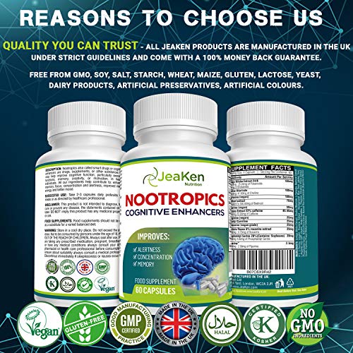 NOOTROPICOS NATURALES VITAMINAS MEMORIA Y CONCENTRACION - Vitaminas Para El Cerebro - Vitaminas Para El Cansancio Mejorado con Rhodiola Rosea, L Tirosina, L Teanina, Ginkgo Biloba- 60 Mentis Pastillas