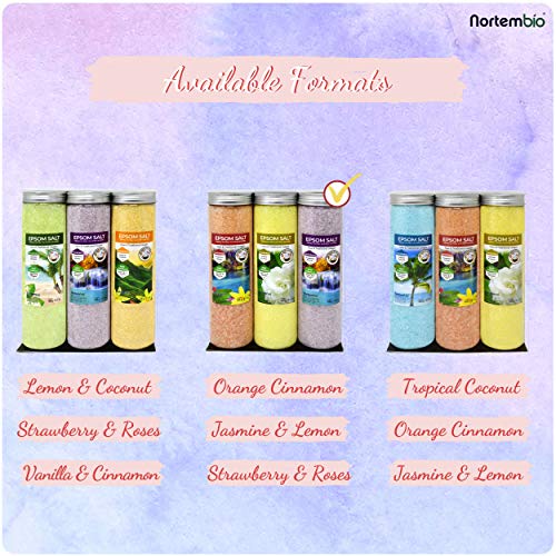 Nortembio Sales de Epsom Pack 3 x 430 g. Fragancias de Canela, Jazmín, Rosas. Hidratadas con Vitamina C y E. Sales de Baño, Aromaterapia, Terapias de Flotación. E-Book Incluido.