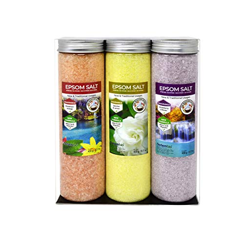 Nortembio Sales de Epsom Pack 3 x 430 g. Fragancias de Canela, Jazmín, Rosas. Hidratadas con Vitamina C y E. Sales de Baño, Aromaterapia, Terapias de Flotación. E-Book Incluido.
