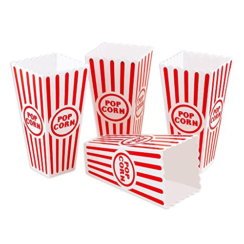 Novelty Place] Recipientes Plásticos para Palomitas de Maíz Clásico con Rayas Rojas y Blancas para Noches de Cine - 20 centímetros de Alto x 9,6 cm Cuadrado (Paquete de 4)