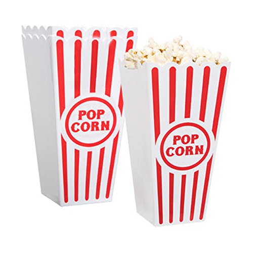 Novelty Place] Recipientes Plásticos para Palomitas de Maíz Clásico con Rayas Rojas y Blancas para Noches de Cine - 20 centímetros de Alto x 9,6 cm Cuadrado (Paquete de 4)