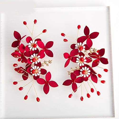 Novia boda tiara gran tostada roja vestido clip de pelo de flores sin pelo agujero de oreja clip de oreja conjunto