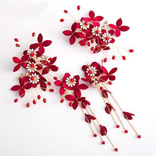 Novia boda tiara gran tostada roja vestido clip de pelo de flores sin pelo agujero de oreja clip de oreja conjunto