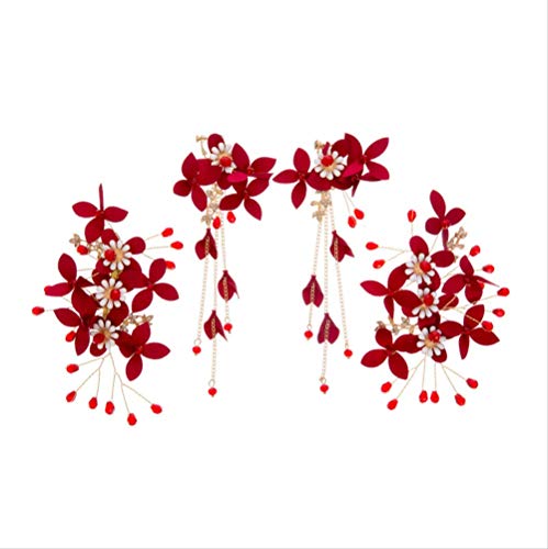 Novia boda tiara gran tostada roja vestido clip de pelo de flores sin pelo agujero de oreja clip de oreja conjunto