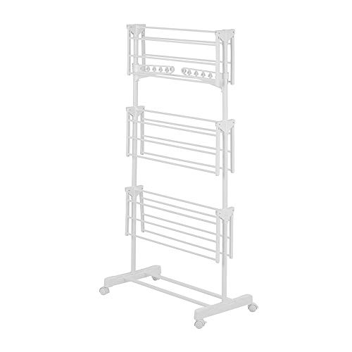 Novohogar Tendedero de Ropa Plegable Vertical. 3 Niveles Dobles más 2 Alas Laterales. Tendedero Compacto con Ruedas