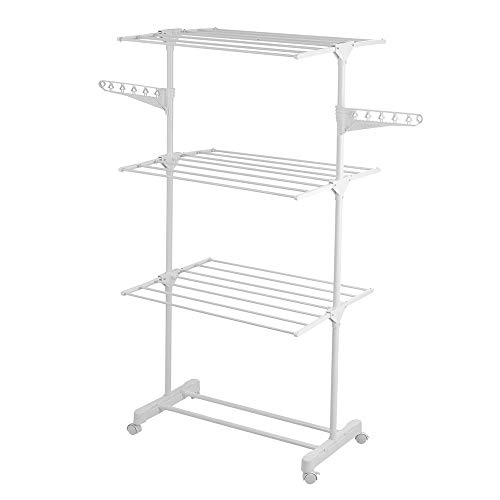 Novohogar Tendedero de Ropa Plegable Vertical. 3 Niveles Dobles más 2 Alas Laterales. Tendedero Compacto con Ruedas