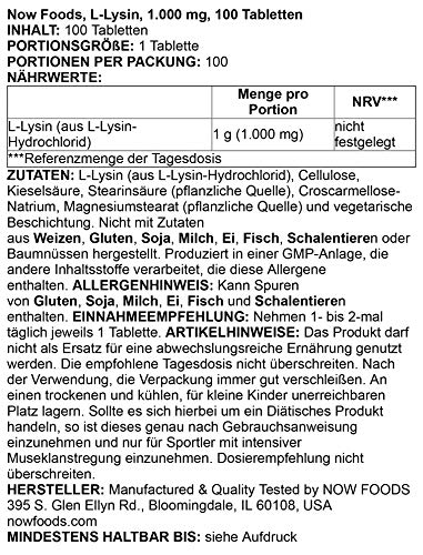 Now Foods L-lisina 1.000 mg 100 Unidades 210 g
