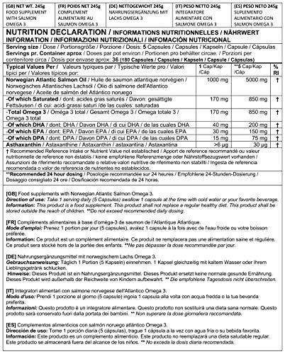 NPN Omega 3 Aceite de pescado de salmón 1000mg | Premium calidad noruega fresca | DHA natural, EPA y DPA | con antioxidantes de astaxantina | 180 cápsulas