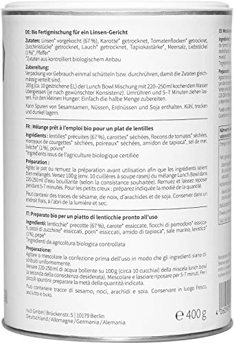 nu3 Lunch Bowl Orgánico 400 g – Guiso saludable de lentejas con vegetales y especies - Comida rápida para el trabajo – Almuerzo instantáneo para la oficina – Vegano, sin gluten y sin lactosa