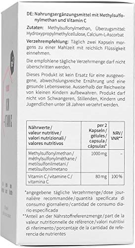 nu3 MSM Premium – Azufre orgánico puro - 120 cápsulas - Metilsulfonilmetano sin estearato de magnesio - 1000 mg de MSM + 80 mg de vitamina C por dosis – antiinflamatorio y desintoxicante natural