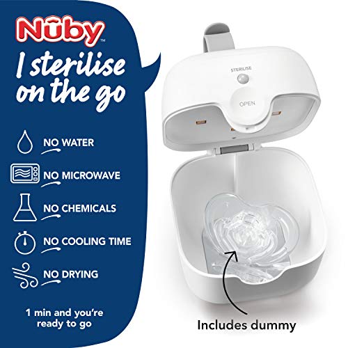 Nuby  -Promo Pack: Esterilizador Portátil de UV para Chupetes + 1 Chupete Incluido, Blanco