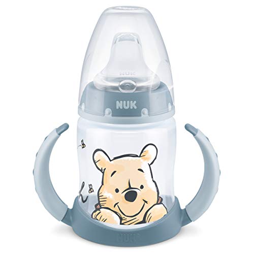 NUK 10215323 Disney Winnie the Pooh First Choice - Biberón con boquilla (150 ml, antigoteo, 6-18 meses, 1 unidad, 135 g), color azul