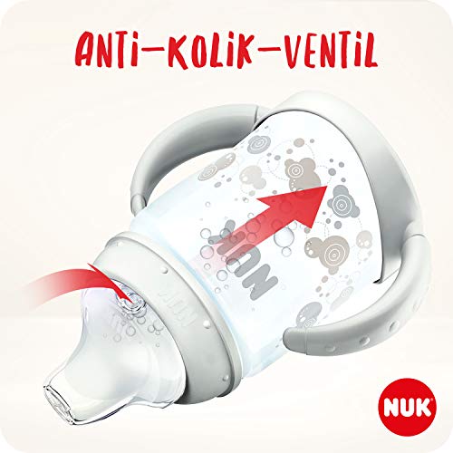 NUK 10215323 Disney Winnie the Pooh First Choice - Biberón con boquilla (150 ml, antigoteo, 6-18 meses, 1 unidad, 135 g), color azul