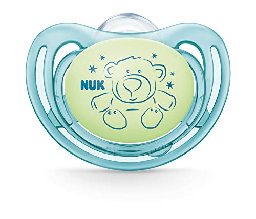 NUK - Chupete de silicona con efecto luminoso, de 0 a 6 meses, forma adaptada a la mandíbula, color verde y azul, 2 unidades