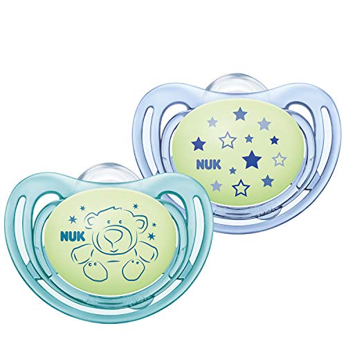 NUK - Chupete de silicona con efecto luminoso, de 0 a 6 meses, forma adaptada a la mandíbula, color verde y azul, 2 unidades