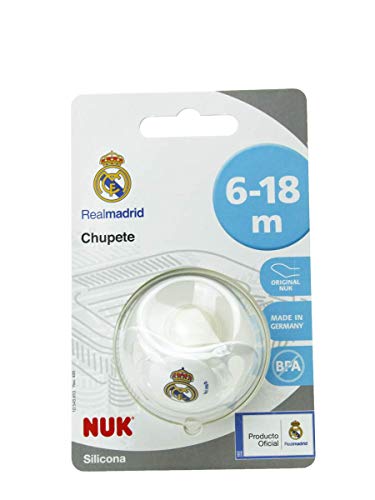 NUK Genius, Chupete del Real Madrid para Bebé de Silicona con Tetina Anatómica en Forma de Pezón Materno. Producto Oficial. Color Blanco. 6 a 18 mesess