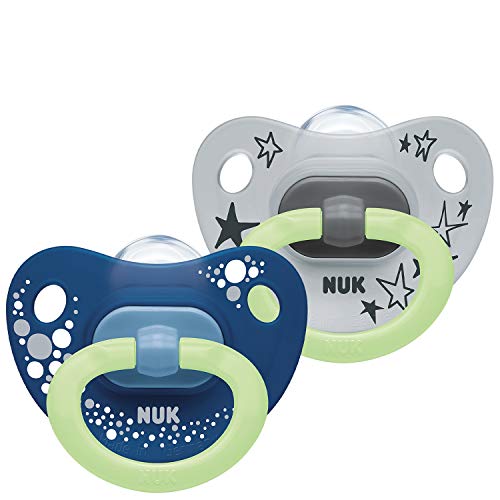 NUK Happy Nights Chupete con efecto luminoso, 18 – 36 meses, silicona, 2 unidades, con caja para chupete, color azul