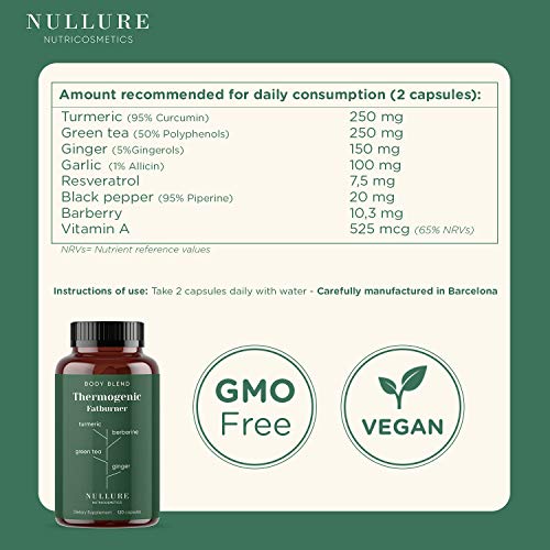 Nullure Potente Quemagrasas Termogénico Natural para adelgazar y perder peso de forma natural - Garcinia Cambogia + Té verde + Bromelanina + Glucomanano + Raíz de achicoria