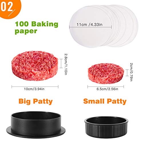 Nuovoware 3 en 1 Molde de Hamburguesa, Prensa de Hamburguesa con Papel de Hamburguesa 100PZS para BBQ, Herramienta de Barbacoa Parrilla, Prensa para Hamburguesa con Mango Antiadherente - Negro
