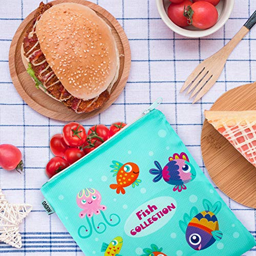 Nuovoware Bolsa Portátil de Sandwich y Alimentos, [3 PZS] Bolso de Cremallera, Reutilizables, Ecológicos y Lavables para Almacenar Comidas, Galleta, Nuece, Dulce, Hamburguesa, Fruta - Peces