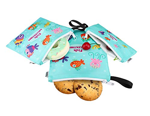 Nuovoware Bolsa Portátil de Sandwich y Alimentos, [3 PZS] Bolso de Cremallera, Reutilizables, Ecológicos y Lavables para Almacenar Comidas, Galleta, Nuece, Dulce, Hamburguesa, Fruta - Peces