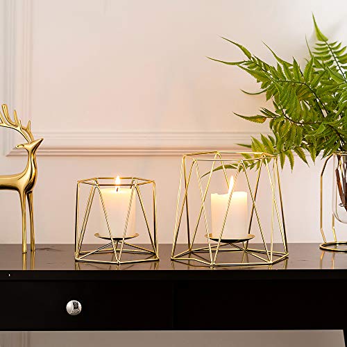 Nuptio Conjunto de 2 Grandes Candelabros de Pilar de Metal Dorado, Candelabros Geométricos y Elegantes, Centros de Mesa para Bodas, Mesas de Café para el Hogar, Decoración, Ceremonia y Aniversario