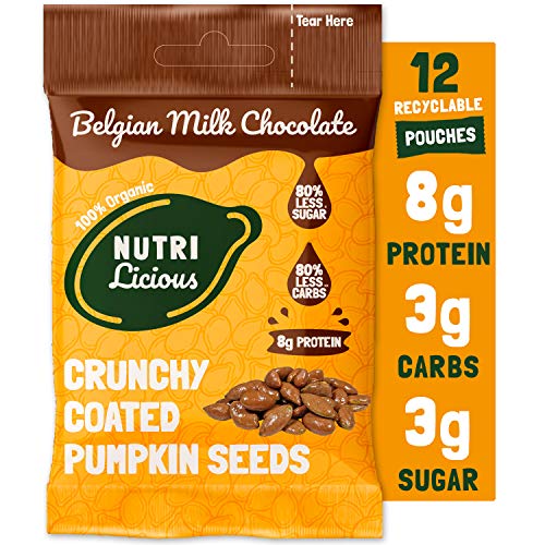 Nutrilicious Semillas de Calabaza de Chocolate con Leche - Keto, Ricas en Proteínas Bajos en Carbohidratos, Menos Azúcar, Ricas en Fibras, Sin Edulcorante (12 x 30g)