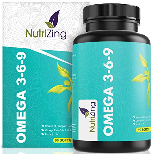 NutriZing complejo de Aceite de Pescado con Omega 3 6 9 - Suplemento de 1000 mg para mujeres y hombres - 90 cápsulas - Mejora el Sistema de aceite de linaza - Aceite de pescado EPA y DHA