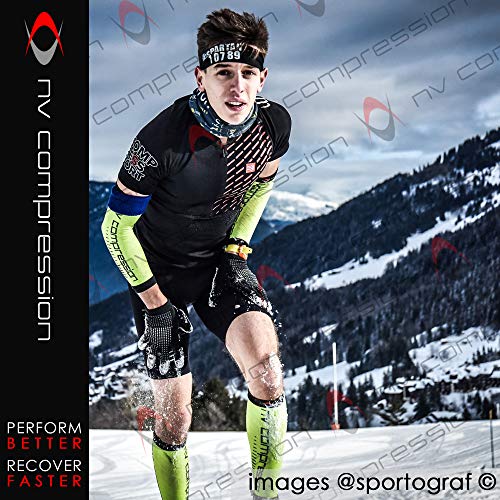 NV Compression Race and Recover Calentadores de Pantorrilla de compresión Negros - Compression Calf Sleeves - Sports Recovery, Work, Flight - Running, Cycling, Gym (Fluo Yellow/Black Stripes, S-M)