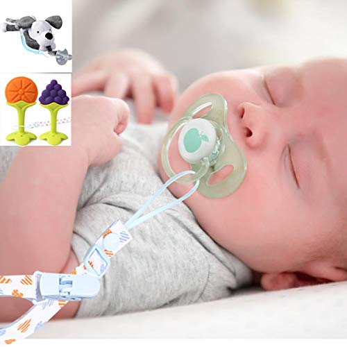 O³ Cadena Chupete Bebe 7 Unidades – Chupetes de Clip Bebé Ajustables – Cuelga Chupetes De Material Seguro – Lavable – 2 Versiones De Colores (Azul)