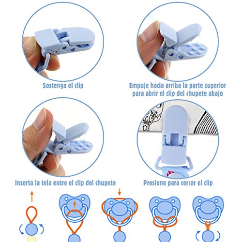 O³ Cadena Chupete Bebe 7 Unidades – Chupetes de Clip Bebé Ajustables – Cuelga Chupetes De Material Seguro – Lavable – 2 Versiones De Colores (Azul)