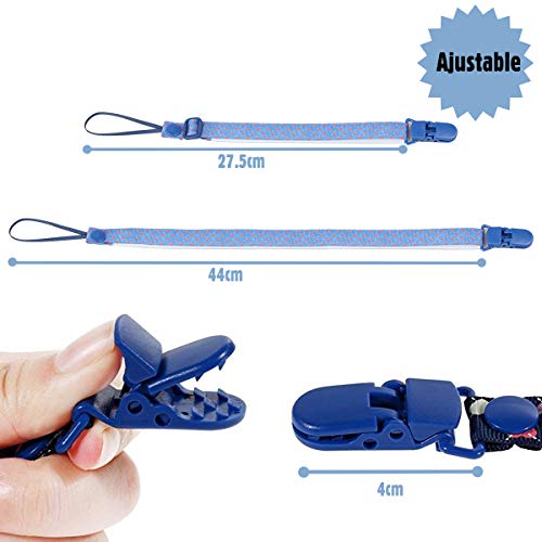 O³ Cadena Chupete Bebe 7 Unidades – Chupetes de Clip Bebé Ajustables – Cuelga Chupetes De Material Seguro – Lavable – 2 Versiones De Colores (Azul)