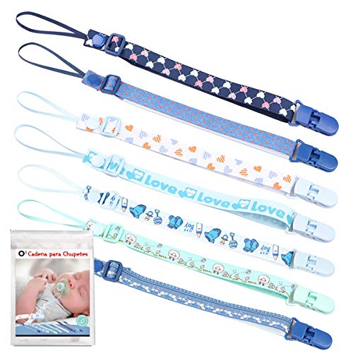 O³ Cadena Chupete Bebe 7 Unidades – Chupetes de Clip Bebé Ajustables – Cuelga Chupetes De Material Seguro – Lavable – 2 Versiones De Colores (Azul)